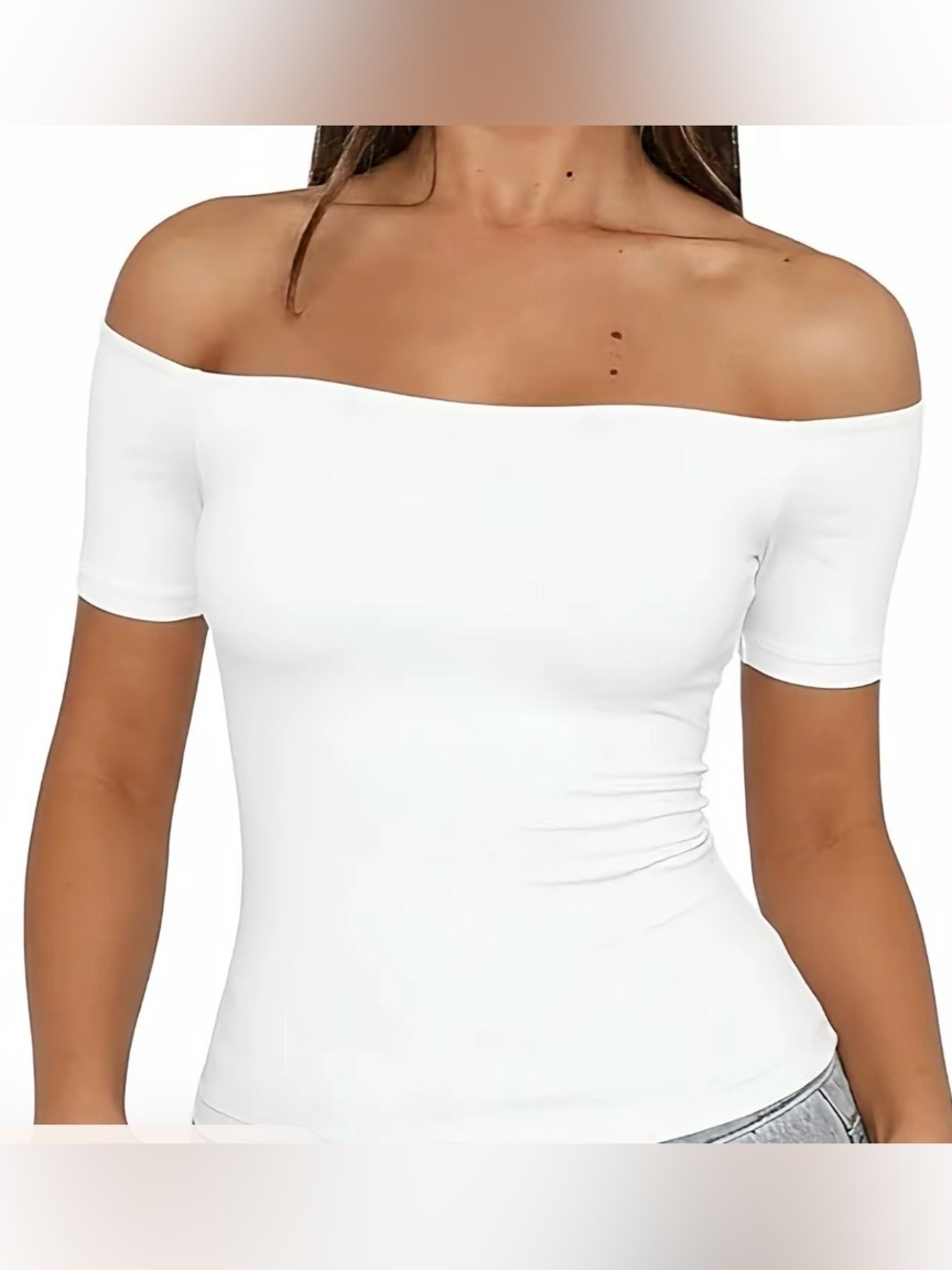 NWT Fisoew White Off the Shoulder Fitted Top Short Sleeve Stretch Y2K Large